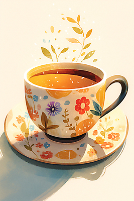 JPG 커피 잎 꽃무늬 일러스트 티타임 그림자 사람없음 햇빛 머그컵 차 찻잔 컵받침 국내일러스트 AI일러스트 AI콘텐츠 식물 꽃 음료 무늬 휴식 잔 컵 태양 받침대 파일형식