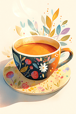 JPG 커피 잎 꽃무늬 일러스트 티타임 그림자 사람없음 햇빛 머그컵 차 수증기 찻잔 컵받침 국내일러스트 AI일러스트 AI콘텐츠 식물 꽃 음료 무늬 휴식 잔 컵 태양 받침대 파일형식