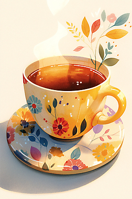 JPG 커피 잎 꽃무늬 일러스트 티타임 그림자 사람없음 햇빛 머그컵 차 수증기 찻잔 컵받침 국내일러스트 AI일러스트 AI콘텐츠 식물 꽃 음료 무늬 휴식 잔 컵 태양 받침대 파일형식