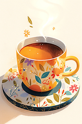 JPG 커피 잎 꽃무늬 일러스트 티타임 그림자 사람없음 햇빛 머그컵 차 수증기 찻잔 컵받침 국내일러스트 AI일러스트 AI콘텐츠 식물 꽃 음료 무늬 휴식 잔 컵 태양 받침대 파일형식