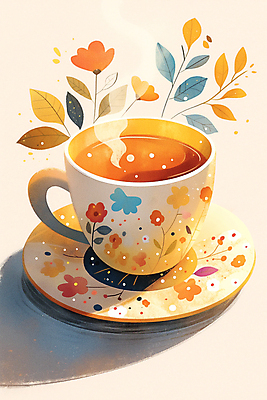 JPG 커피 잎 꽃무늬 일러스트 티타임 그림자 사람없음 햇빛 머그컵 차 수증기 찻잔 컵받침 국내일러스트 AI일러스트 AI콘텐츠 식물 꽃 음료 무늬 휴식 잔 컵 태양 받침대 파일형식