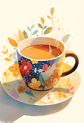 JPG 커피 잎 꽃무늬 일러스트 티타임 그림자 사람없음 햇빛 머그컵 차 수증기 찻잔 컵받침 국내일러스트 AI일러스트 AI콘텐츠 식물 꽃 음료 무늬 휴식 잔 컵 태양 받침대 파일형식