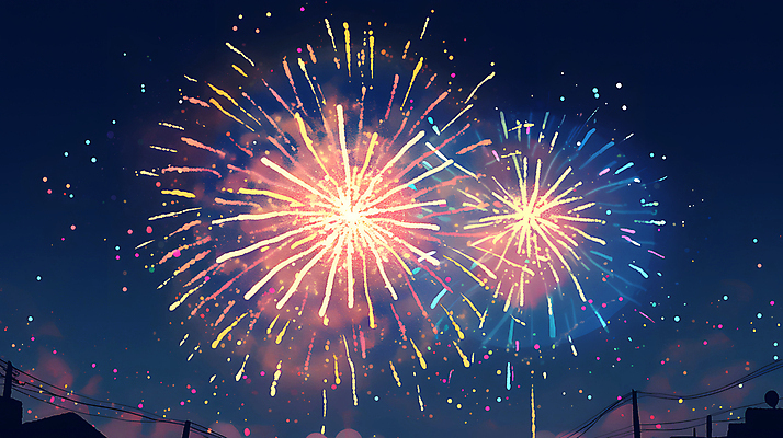 JPG 야경 일러스트 밤하늘 하늘 불꽃놀이 사람없음 빛 축제 어둠 축하 화려 남색 즐거움 국내일러스트 AI일러스트 AI콘텐츠 감정 컬러 컨셉 놀이 야간 파일형식 풍경_경치