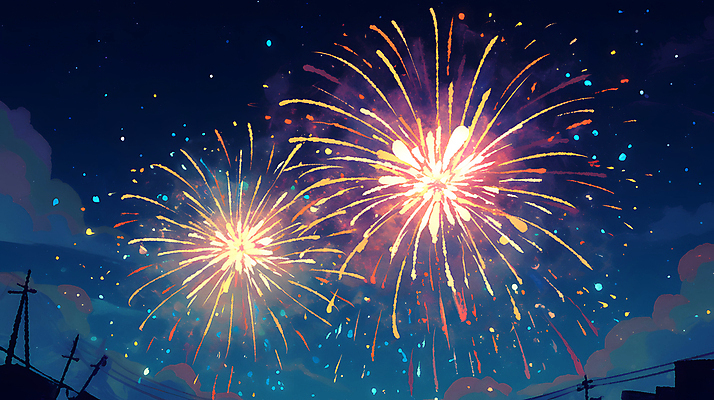 JPG 야경 일러스트 밤하늘 하늘 불꽃놀이 사람없음 빛 축제 어둠 축하 화려 남색 즐거움 전봇대 국내일러스트 AI일러스트 AI콘텐츠 공공시설 감정 컬러 컨셉 놀이 야간 파일형식 풍경_경치
