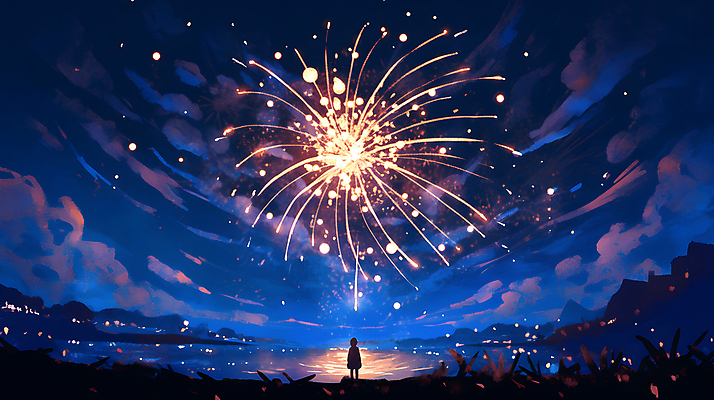 JPG 야경 일러스트 청소년 밤하늘 하늘 불꽃놀이 한명 빛 축제 어둠 축하 화려 남색 즐거움 국내일러스트 AI일러스트 AI콘텐츠 1 감정 컬러 컨셉 놀이 사람 야간 파일형식 풍경_경치