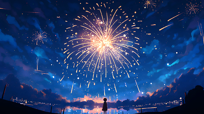 JPG 여자 어린이 야경 일러스트 밤하늘 하늘 불꽃놀이 한명 소녀 빛 축제 어둠 축하 화려 남색 즐거움 소녀한명만 국내일러스트 AI일러스트 AI콘텐츠 1 감정 컬러 컨셉 놀이 사람 야간 여자한명만 소녀만 파일형식 풍경_경치