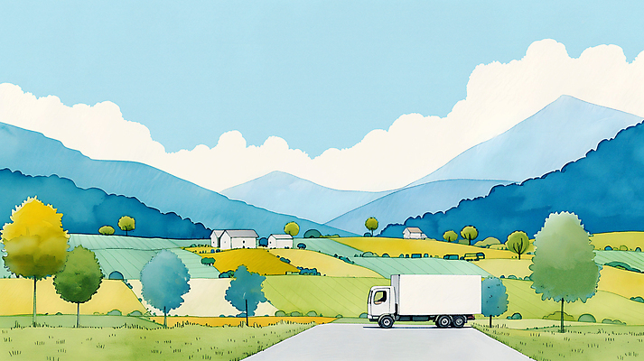 JPG 구름 도로 일러스트 자연 하늘 수채화 산 주택 풍경 초원 사람없음 농장 평화 마을 시골 탑차 국내일러스트 AI일러스트 AI콘텐츠 자연요소 길 컨셉 농업 교통시설 건물 트럭 생태계 파일형식