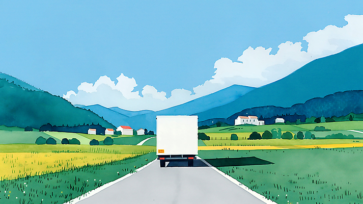 JPG 구름 도로 일러스트 자연 하늘 수채화 산 주택 풍경 초원 사람없음 농장 평화 마을 시골 탑차 국내일러스트 AI일러스트 AI콘텐츠 자연요소 길 컨셉 농업 교통시설 건물 트럭 생태계 파일형식