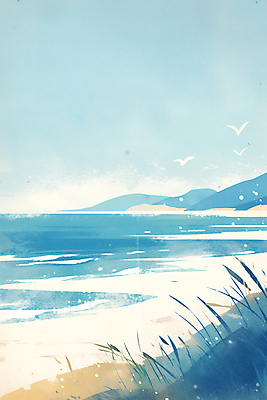 JPG 물결 파도 바다 일러스트 자연 갈매기 수채화 풍경 해변 사람없음 국내일러스트 AI일러스트 AI콘텐츠 조류 생태계 파일형식