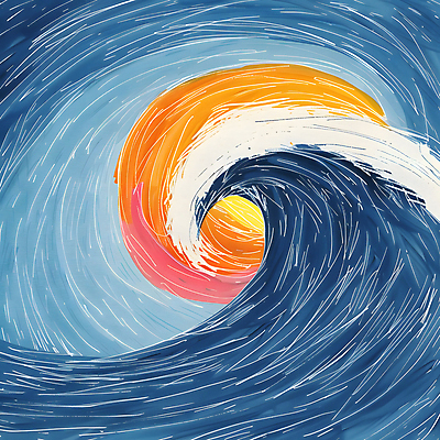 JPG 물결 파도 바다 일러스트 추상 사람없음 파란색 태양 주황색 흐름 소용돌이 역동적 국내일러스트 AI일러스트 AI콘텐츠 자연요소 컬러 컨셉 무늬 회오리 파일형식