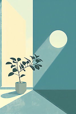 JPG 식물 화분 일러스트 실내 그림자 사람없음 내부 빛 인테리어 공간 구멍 모던 청록색 미니멀 국내일러스트 AI일러스트 AI콘텐츠 디자인 컬러 파일형식