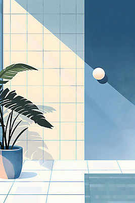 JPG 식물 화분 일러스트 실내 그림자 사람없음 내부 파란색 인테리어 카펫 공간 타일 모던 미니멀 국내일러스트 AI일러스트 AI콘텐츠 디자인 컬러 파일형식