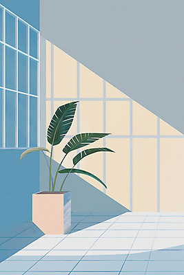 JPG 식물 화분 하늘색 일러스트 창문 실내 그림자 사람없음 내부 빛 인테리어 공간 타일 모던 미니멀 국내일러스트 AI일러스트 AI콘텐츠 디자인 파란색 파일형식