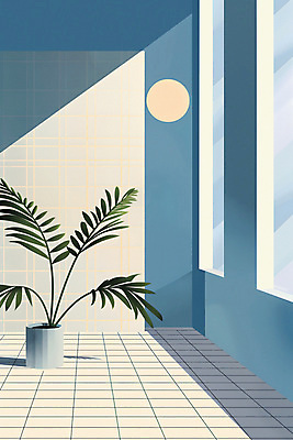 JPG 식물 화분 일러스트 창문 실내 사람없음 내부 파란색 인테리어 햇빛 공간 타일 모던 미니멀 국내일러스트 AI일러스트 AI콘텐츠 디자인 컬러 태양 파일형식