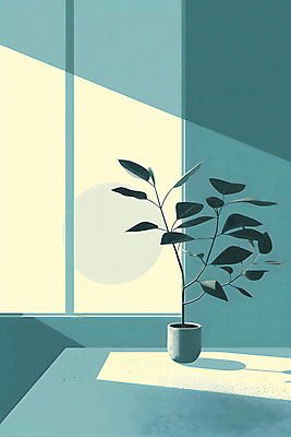 JPG 식물 화분 일러스트 실내 그림자 사람없음 내부 인테리어 햇빛 공간 모던 청록색 미니멀 국내일러스트 AI일러스트 AI콘텐츠 디자인 컬러 태양 파일형식