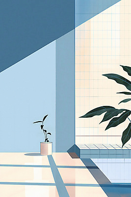 JPG 식물 화분 하늘색 일러스트 실내 사람없음 내부 인테리어 공간 타일 모던 미니멀 국내일러스트 AI일러스트 AI콘텐츠 디자인 파란색 파일형식