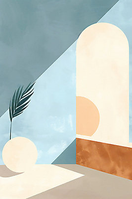 JPG 하늘색 잎 일러스트 실내 그림자 사람없음 내부 인테리어 햇빛 주황색 공간 원형 모던 아치 미니멀 국내일러스트 AI일러스트 AI콘텐츠 도형 식물 디자인 컬러 파란색 태양 파일형식