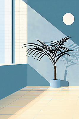 JPG 식물 화분 하늘색 일러스트 창문 실내 사람없음 내부 인테리어 공간 타일 모던 미니멀 국내일러스트 AI일러스트 AI콘텐츠 디자인 파란색 파일형식