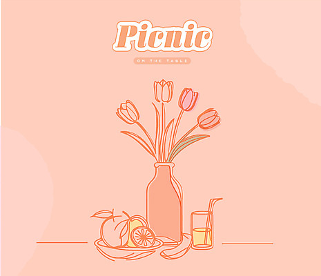 접시 음료 선 라인일러스트 일러스트 잔 사람없음 꽃병 튤립 레몬 라인아트 드로잉 살구색 국내일러스트 AI파일 식기 꽃 컬러 과일 미술 파일형식 벡터