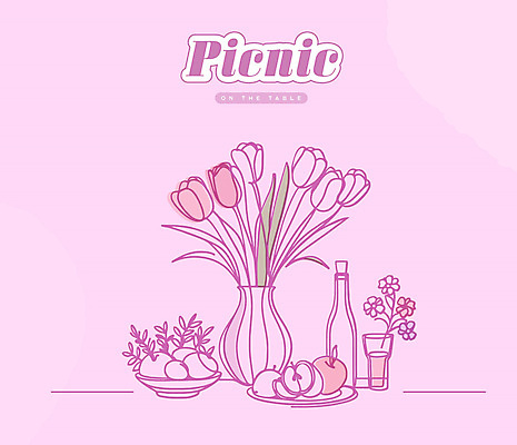 접시 음료 선 라인일러스트 일러스트 잔 사람없음 와인 꽃병 보라색 튤립 사과 라인아트 와인병 드로잉 국내일러스트 AI파일 식기 꽃 컬러 과일 병_용기 주류 미술 파일형식 벡터