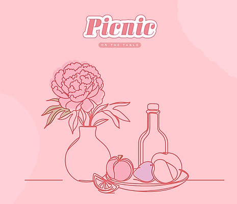 접시 선 분홍색 라인일러스트 일러스트 국화 사람없음 와인 꽃병 라인아트 와인병 복숭아 드로잉 국내일러스트 AI파일 식기 꽃 컬러 과일 병_용기 주류 미술 파일형식 벡터