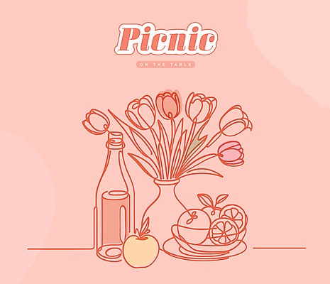 그릇 접시 선 라인일러스트 일러스트 유리병 사람없음 빨간색 와인 꽃병 튤립 사과 레몬 라인아트 드로잉 국내일러스트 AI파일 식기 꽃 컬러 과일 병_용기 주류 미술 파일형식 벡터