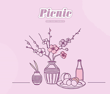 접시 선 과일 라인일러스트 일러스트 유리병 사람없음 와인 꽃병 보라색 라인아트 매화 드로잉 국내일러스트 AI파일 식기 꽃 컬러 병_용기 주류 미술 파일형식 벡터