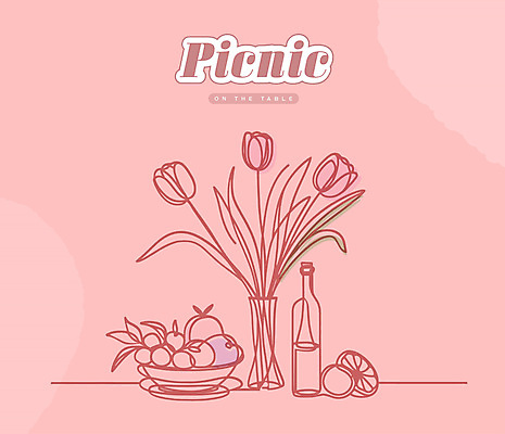 접시 선 라인일러스트 일러스트 사람없음 빨간색 와인 꽃병 튤립 레몬 라인아트 와인병 드로잉 자두 국내일러스트 AI파일 식기 꽃 컬러 과일 병_용기 주류 미술 파일형식 벡터