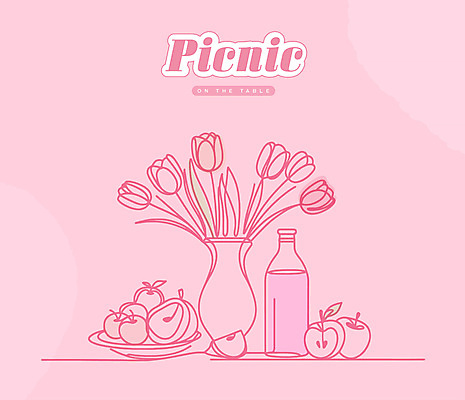 접시 선 분홍색 라인일러스트 일러스트 유리병 사람없음 와인 꽃병 튤립 사과 라인아트 드로잉 국내일러스트 AI파일 식기 꽃 컬러 과일 병_용기 주류 미술 파일형식 벡터