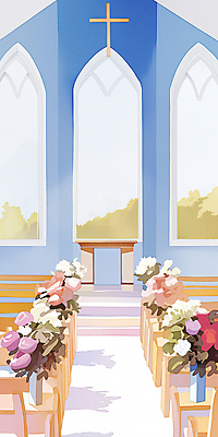 JPG 꽃 결혼 십자가 의자 일러스트 창문 결혼식 실내 사람없음 파란색 교회 꽃병 단상 예식장 스몰웨딩 국내일러스트 AI일러스트 AI콘텐츠 식물 컬러 가구 종교건축 이벤트 내부 건물 공간 파일형식