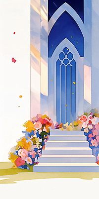 JPG 꽃잎 꽃 결혼 일러스트 결혼식 사람없음 야외 파란색 교회 계단 예식장 스몰웨딩 흩날리기 국내일러스트 AI일러스트 AI콘텐츠 식물 컬러 종교건축 모션 이벤트 건물 공간 파일형식