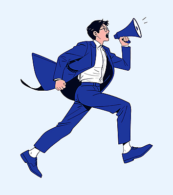 전신 PSD 남자 일러스트 비즈니스 한명 들기 정장 성인 파란색 달리기 확성기 외침 직장인 비즈니스맨 성인남자한명만 안경낌 국내일러스트 직업 1 옷 안경 컬러 모션 사람 소리 남자한명만 성인남자만 파일형식