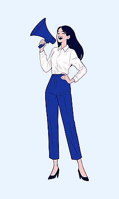 전신 PSD 여자 허리손 일러스트 비즈니스 한명 서기 들기 정장 성인 파란색 확성기 외침 직장인 비즈니스우먼 성인여자한명만 국내일러스트 직업 1 옷 컬러 포즈 모션 사람 소리 여자한명만 성인여자만 파일형식