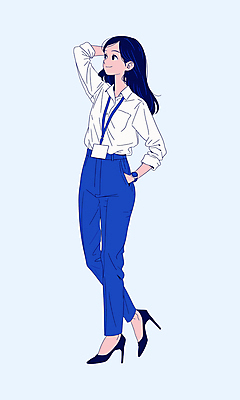 전신 PSD 여자 일러스트 비즈니스 한명 서기 정장 성인 파란색 직장인 비즈니스우먼 하이힐 주머니손 사원증 성인여자한명만 국내일러스트 직업 1 옷 구두 컬러 모션 사람 여성화 여자한명만 성인여자만 파일형식