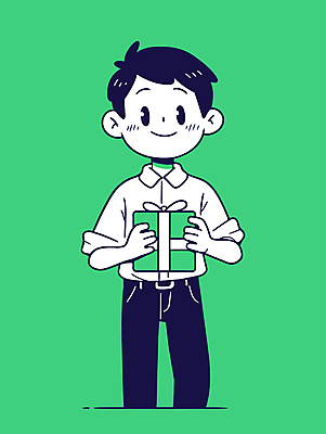 남자 인물캐릭터 일러스트 한명 웃음 들기 정장 상반신 성인 초록색 선물상자 귀여움 기쁨 비즈니스맨 감사 성인남자한명만 일러캐릭터 AI파일 캐릭터 1 옷 감정 컬러 컨셉 비즈니스 모션 표정 선물 사람 상자 직장인 남자한명만 성인남자만 파일형식 벡터