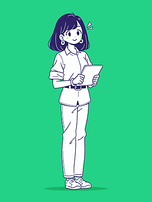 전신 여자 인물캐릭터 일러스트 한명 미소 들기 정장 성인 초록색 태블릿 사무실 작업 비즈니스우먼 단발머리 성인여자한명만 일러캐릭터 AI파일 캐릭터 1 헤어스타일 옷 컬러 비즈니스 모션 표정 사람 전자제품 스마트기기 직장인 여자한명만 성인여자만 파일형식 벡터