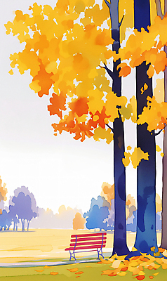 JPG 공원 단풍 낙엽 벤치 일러스트 자연 단풍나무 휴식 풍경 사람없음 야외 가을풍경 주황색 가을 은행나무 국내일러스트 AI일러스트 AI콘텐츠 나무 계절 공공시설 컬러 컨셉 잎 의자 생태계 파일형식 가을_계절