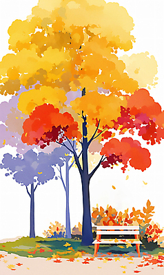 JPG 공원 단풍 낙엽 벤치 일러스트 자연 단풍나무 휴식 풍경 사람없음 야외 가을풍경 주황색 가을 은행나무 국내일러스트 AI일러스트 AI콘텐츠 나무 계절 공공시설 컬러 컨셉 잎 의자 생태계 파일형식 가을_계절