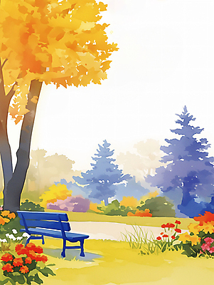 JPG 공원 꽃 단풍 낙엽 벤치 일러스트 자연 단풍나무 휴식 풍경 사람없음 야외 가을풍경 주황색 가을 은행나무 국내일러스트 AI일러스트 AI콘텐츠 나무 식물 계절 공공시설 컬러 컨셉 잎 의자 생태계 파일형식 가을_계절