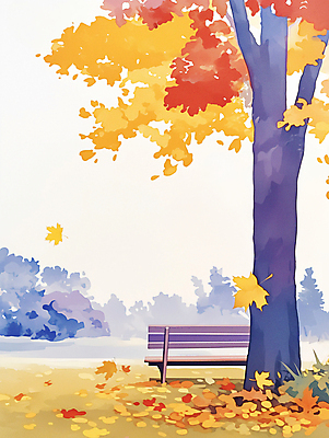 JPG 공원 단풍 낙엽 벤치 일러스트 자연 단풍나무 휴식 풍경 사람없음 야외 가을풍경 주황색 가을 은행나무 국내일러스트 AI일러스트 AI콘텐츠 나무 계절 공공시설 컬러 컨셉 잎 의자 생태계 파일형식 가을_계절