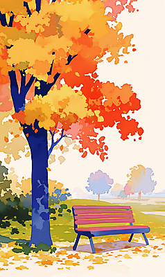 JPG 공원 단풍 낙엽 벤치 일러스트 자연 단풍나무 휴식 풍경 사람없음 야외 가을풍경 주황색 가을 은행나무 국내일러스트 AI일러스트 AI콘텐츠 나무 계절 공공시설 컬러 컨셉 잎 의자 생태계 파일형식 가을_계절