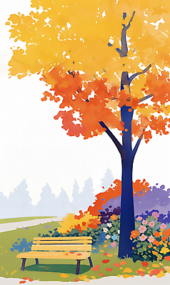 JPG 공원 꽃 단풍 낙엽 벤치 일러스트 자연 단풍나무 휴식 풍경 사람없음 야외 가을풍경 주황색 가을 은행나무 국내일러스트 AI일러스트 AI콘텐츠 나무 식물 계절 공공시설 컬러 컨셉 잎 의자 생태계 파일형식 가을_계절