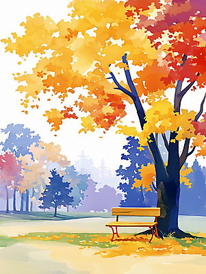 JPG 공원 단풍 낙엽 벤치 일러스트 자연 단풍나무 휴식 풍경 사람없음 야외 가을풍경 주황색 가을 은행나무 국내일러스트 AI일러스트 AI콘텐츠 나무 계절 공공시설 컬러 컨셉 잎 의자 생태계 파일형식 가을_계절