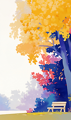 JPG 공원 단풍 낙엽 벤치 일러스트 자연 단풍나무 휴식 풍경 사람없음 야외 가을풍경 주황색 가을 은행나무 국내일러스트 AI일러스트 AI콘텐츠 나무 계절 공공시설 컬러 컨셉 잎 의자 생태계 파일형식 가을_계절