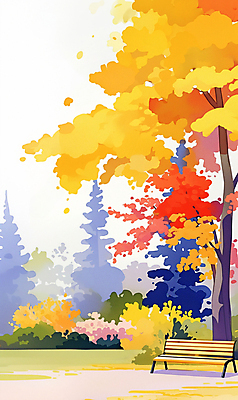 JPG 공원 단풍 낙엽 벤치 일러스트 자연 단풍나무 휴식 풍경 사람없음 야외 가을풍경 주황색 가을 은행나무 국내일러스트 AI일러스트 AI콘텐츠 나무 계절 공공시설 컬러 컨셉 잎 의자 생태계 파일형식 가을_계절