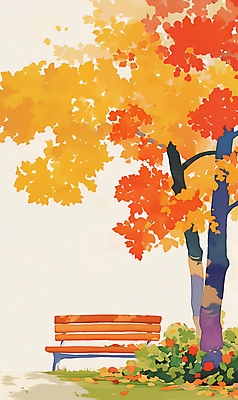 JPG 공원 꽃 단풍 낙엽 벤치 일러스트 자연 단풍나무 휴식 풍경 사람없음 야외 가을풍경 주황색 가을 은행나무 국내일러스트 AI일러스트 AI콘텐츠 나무 식물 계절 공공시설 컬러 컨셉 잎 의자 생태계 파일형식 가을_계절