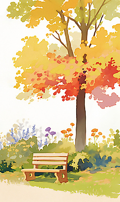 JPG 공원 꽃 단풍 낙엽 벤치 일러스트 자연 단풍나무 휴식 풍경 사람없음 야외 가을풍경 주황색 가을 은행나무 국내일러스트 AI일러스트 AI콘텐츠 나무 식물 계절 공공시설 컬러 컨셉 잎 의자 생태계 파일형식 가을_계절