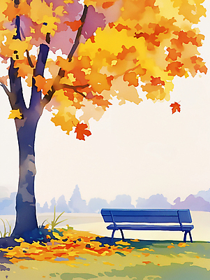 JPG 공원 단풍 낙엽 벤치 일러스트 자연 단풍나무 휴식 풍경 사람없음 야외 가을풍경 주황색 가을 은행나무 국내일러스트 AI일러스트 AI콘텐츠 나무 계절 공공시설 컬러 컨셉 잎 의자 생태계 파일형식 가을_계절