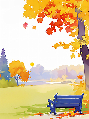 JPG 공원 단풍 낙엽 벤치 일러스트 자연 단풍나무 휴식 풍경 사람없음 야외 가을풍경 주황색 가을 은행나무 국내일러스트 AI일러스트 AI콘텐츠 나무 계절 공공시설 컬러 컨셉 잎 의자 생태계 파일형식 가을_계절