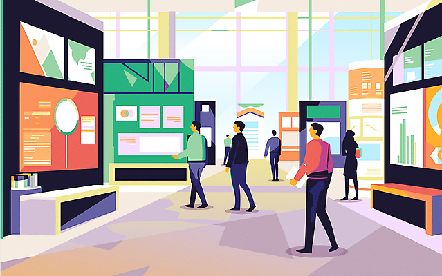 전신 여자 남자 일러스트 비즈니스 그래프 서기 여러명 성인 초록색 주황색 자료 전시 공간 직장인 비즈니스맨 비즈니스우먼 군중 전시회 관람 부스 박람회 행사장 성인만 국내일러스트 AI파일 직업 컬러 다수 모션 사람 파일형식 벡터